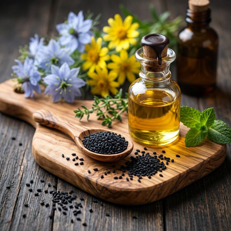 Huile de nigelle biologique, graines noires et fleurs sur planche en bois
