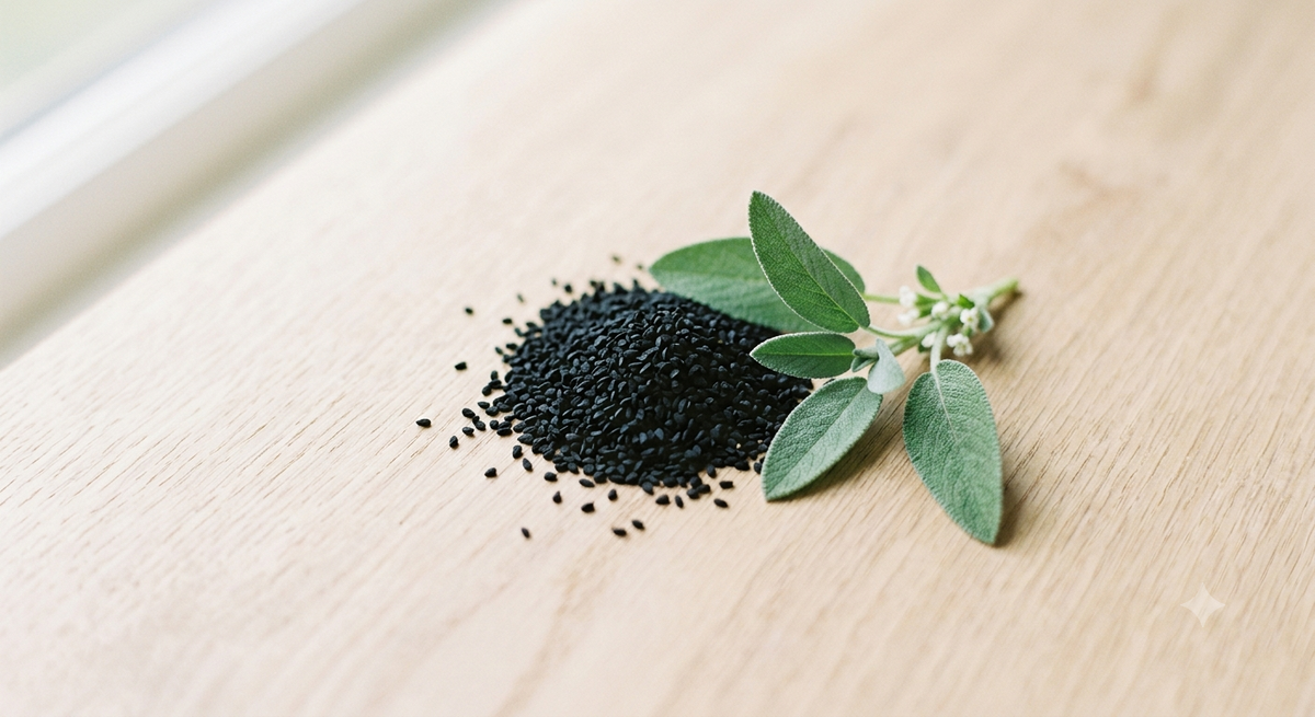 Graines de nigelle et sauge fraîche, ingrédients KUMI