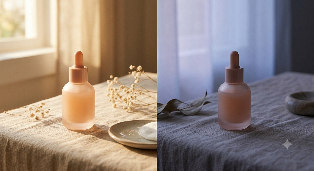 Routine matin et soir, flacon de soin en double lumière