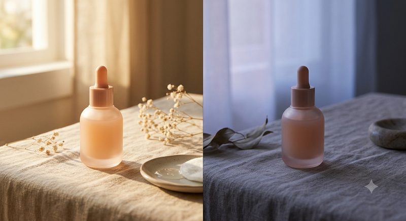 Routine matin et soir, flacon de soin en double lumière