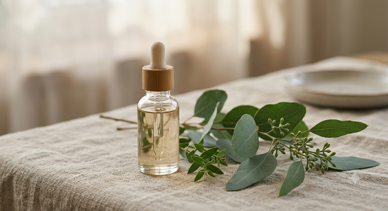 Feuilles d'eucalyptus et huile naturelle en flacon