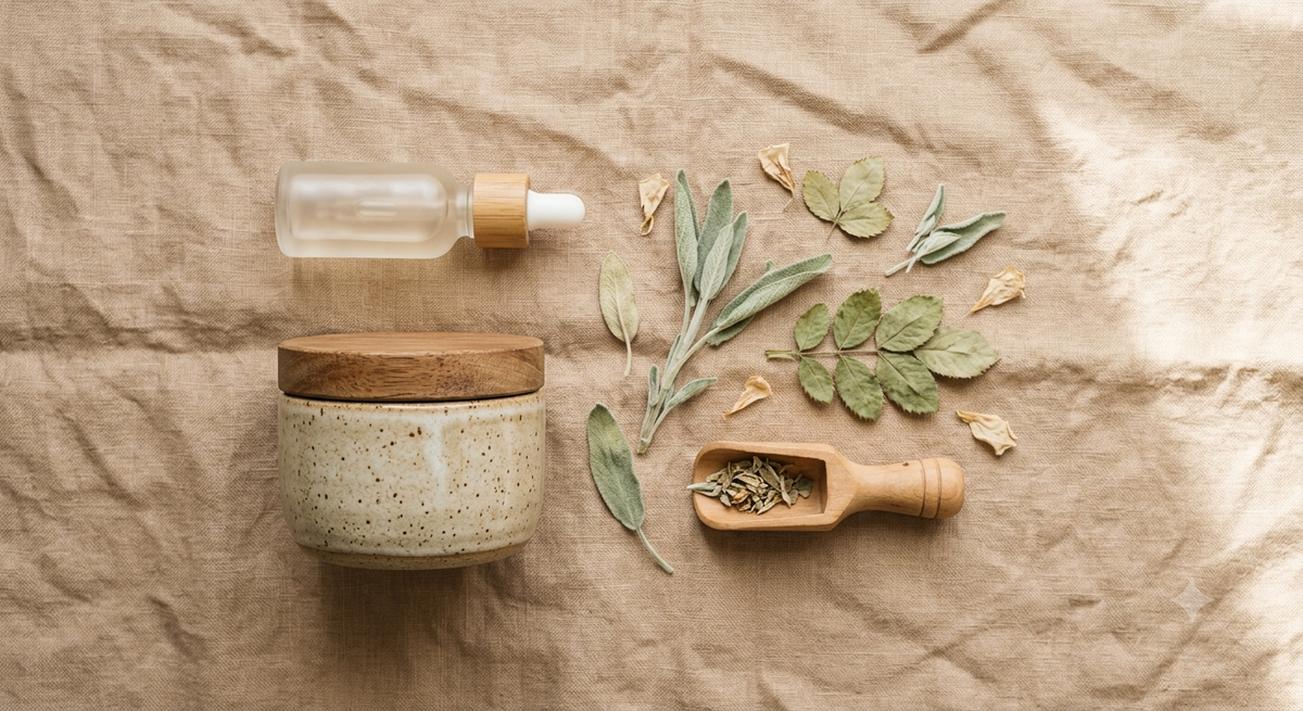 Outils et ingrédients de skincare, flatlay glossaire