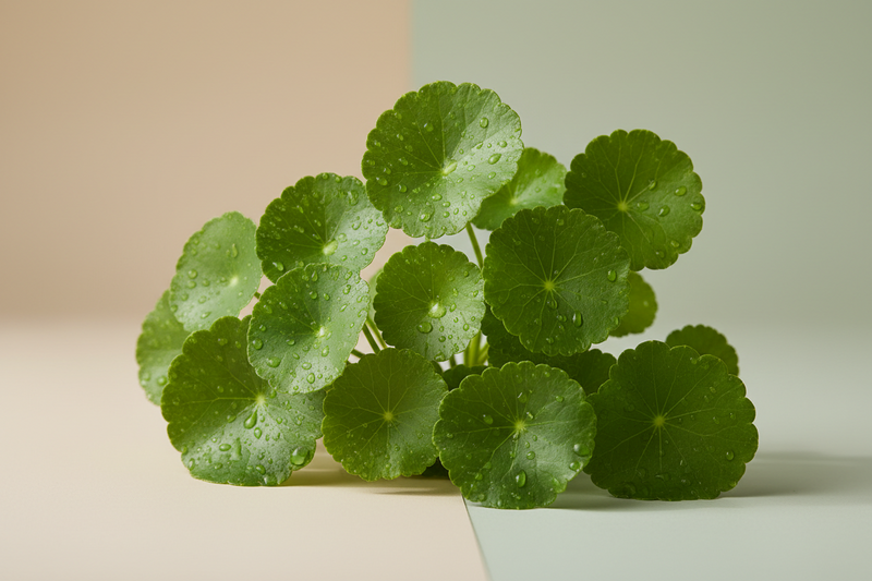 Feuilles fraîches de Centella asiatica couvertes de gouttes de rosée, esthétique K-Beauty épurée