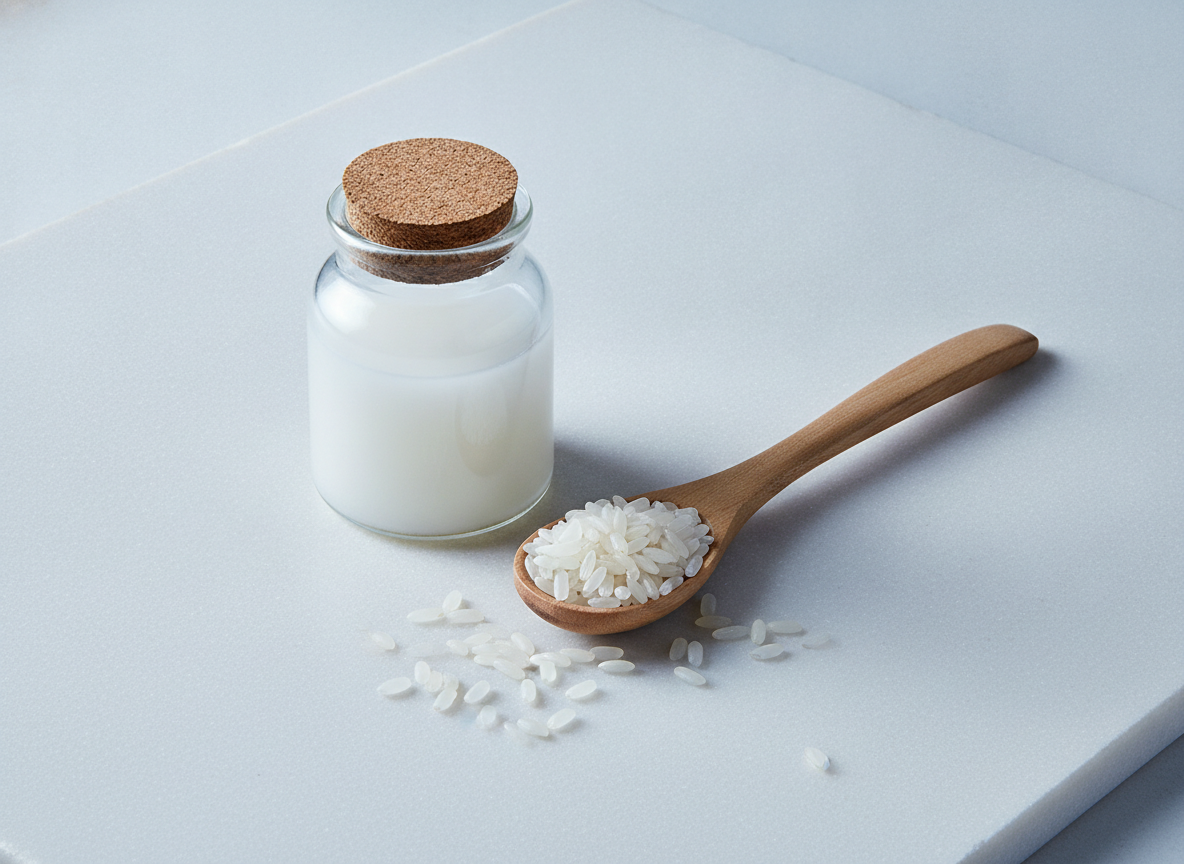Jarre d'eau de riz fermentée et cuillère en bois avec grains de riz