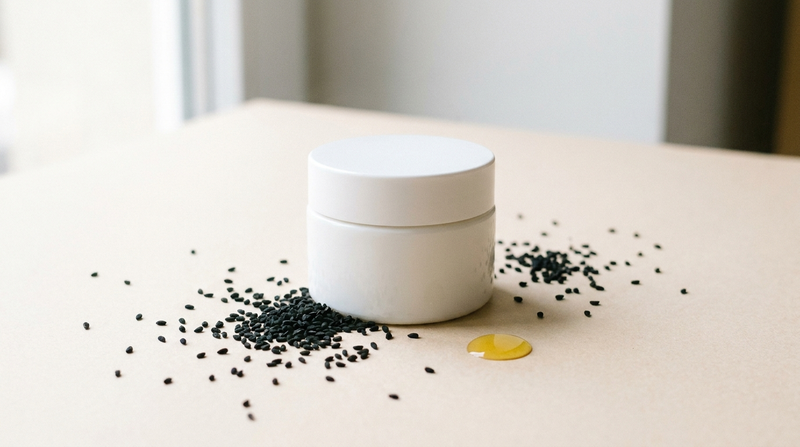 Pot de crème visage entouré de graines de nigelle sur fond clair