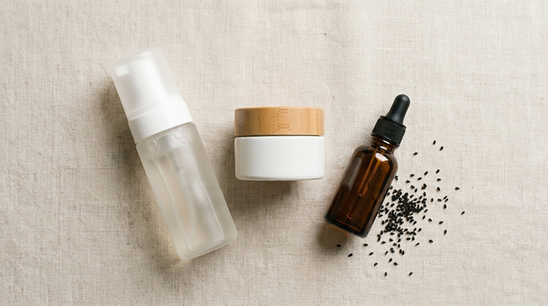 Flat lay d'une routine skincare minimaliste avec huile de nigelle