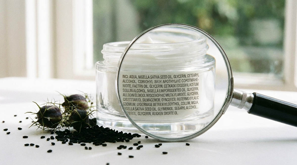 Loupe sur une étiquette INCI de crème visage