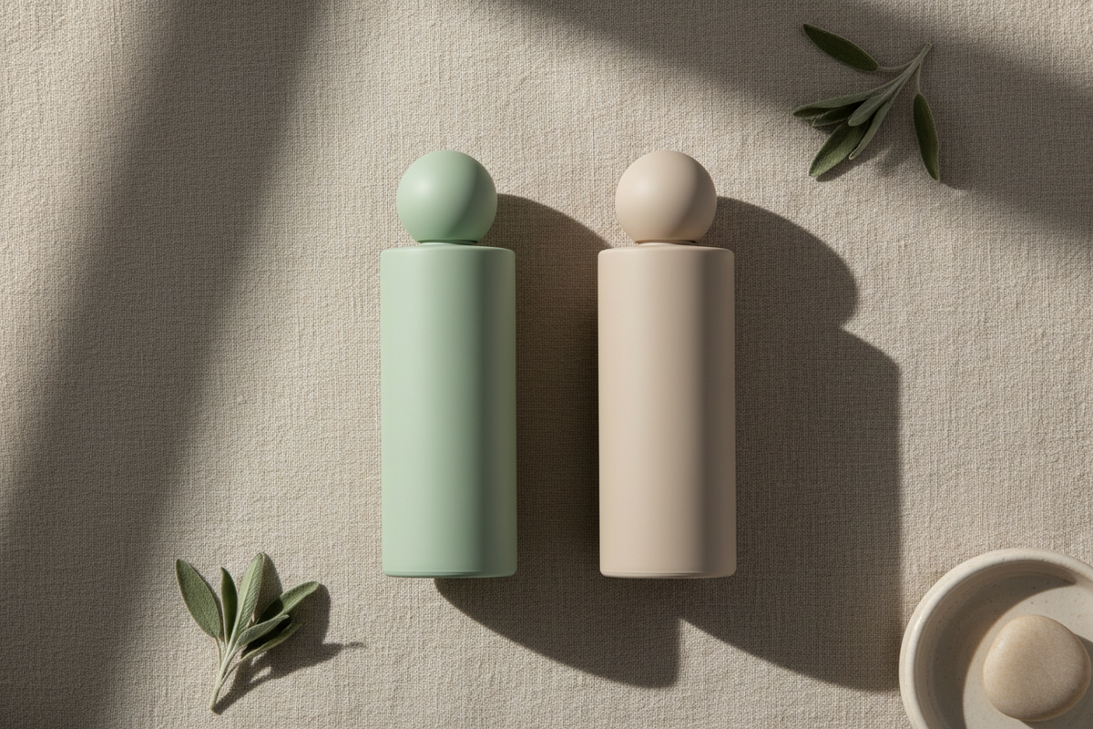 Flacons de soin minimalistes posés sur du lin beige, esthétique Skinimalisme et K-Beauty