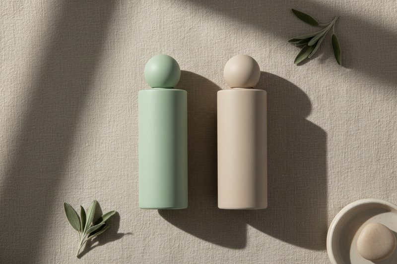 Flacons de soin minimalistes posés sur du lin beige, esthétique Skinimalisme et K-Beauty