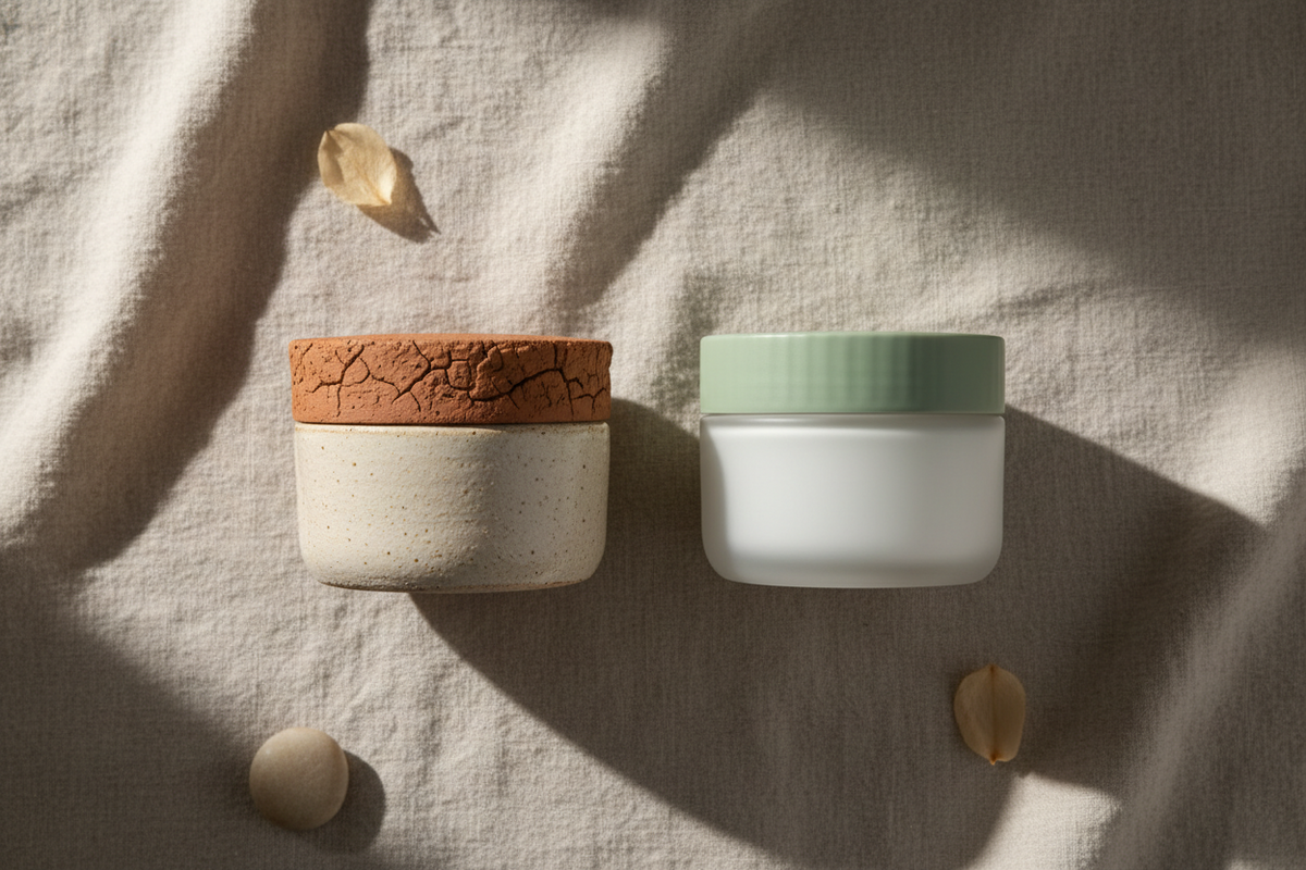 Deux pots de soin, terracotta et sauge, symbolisant l'alliance franco-coréenne K-Beauty et cosmétique française