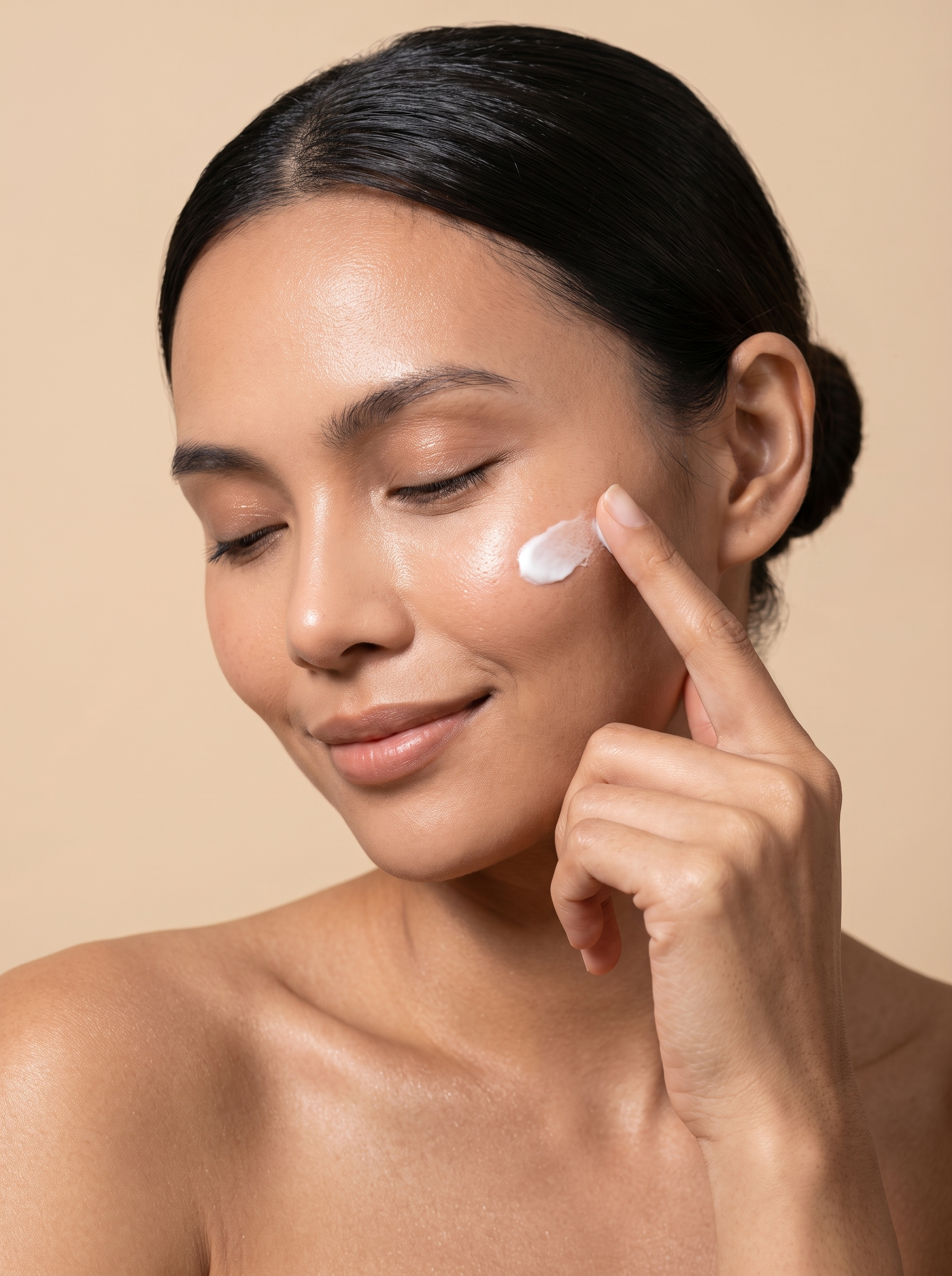Femme appliquant la crème KUMI sur la joue, geste skincare doux